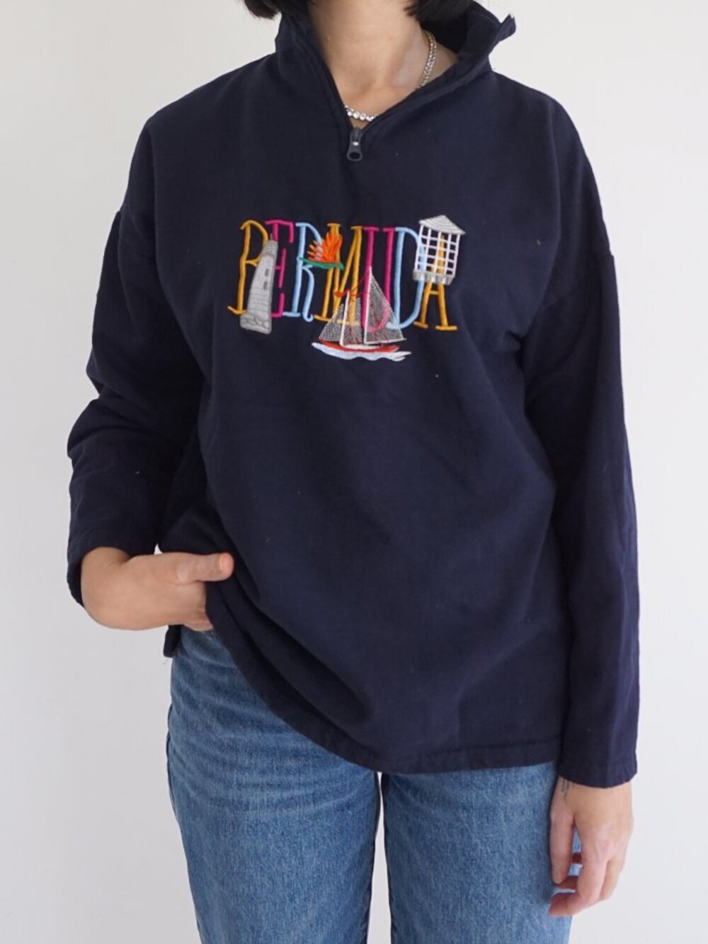 Vintage Divisions Of Bermuda Navy Embroidered Sailboat Quarter Zip Sweater L